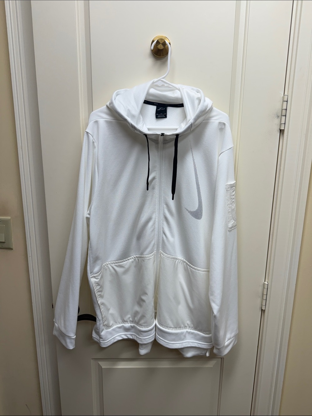 Nike White Full-Zip Hooded Performance Jacket with Black Drawcords